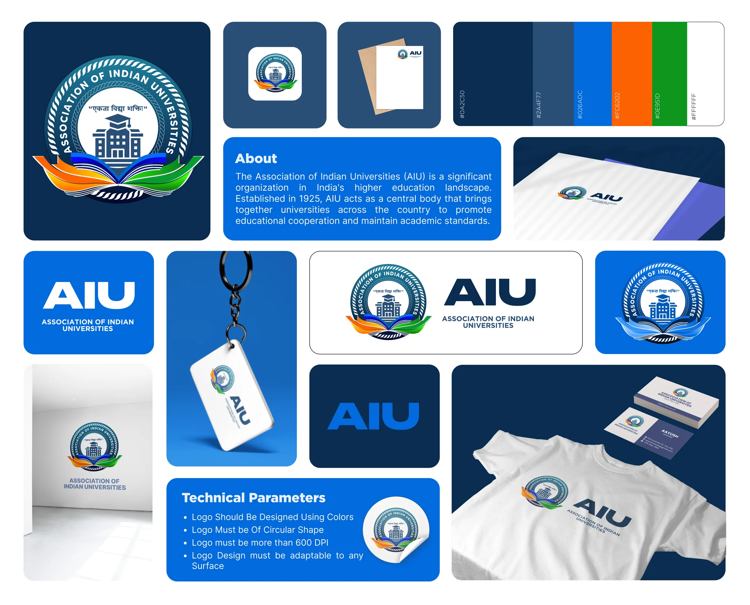 The AIU identity board: a summary card carrying the mark, the about copy, the technical parameters and the applications; the LOGO REDESIGN title card; the existing line-drawn seal beside the new concept; the inspiration behind the symbolism; the six-value colour palette; the size breakdown from 100px down to a 25px minimum; the mark on a clipboard, keychain, cup and t-shirt; the business card, sticker and letterhead; and the closing frame.