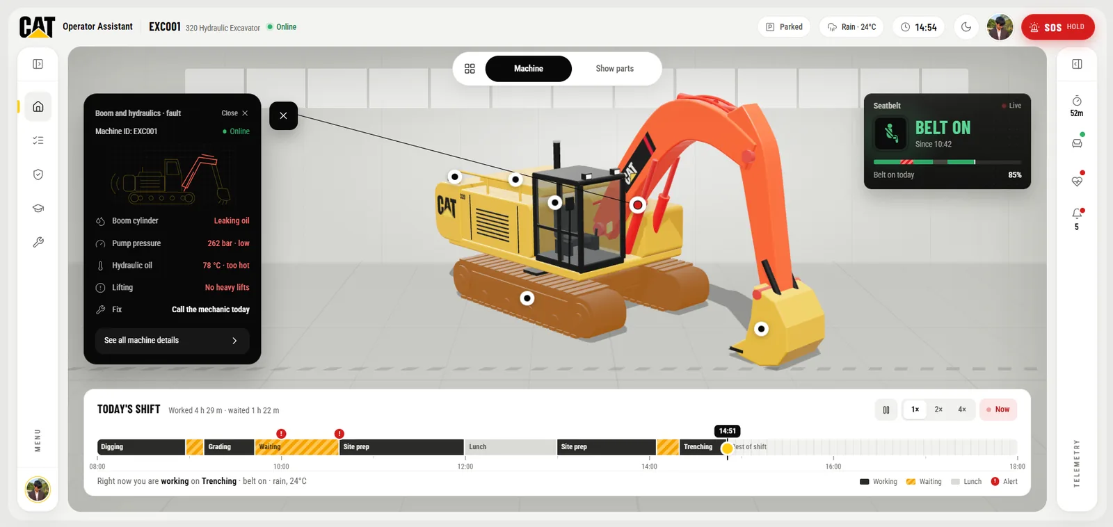 The home screen with the boom and hydraulics fault open: leaking boom cylinder, low pump pressure, hot hydraulic oil and a call-the-mechanic instruction.