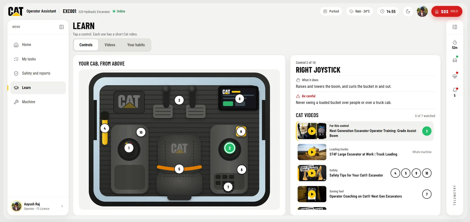 Learn: a top-down view of the cab with ten numbered controls, the chosen control explained and its CAT videos beside it.