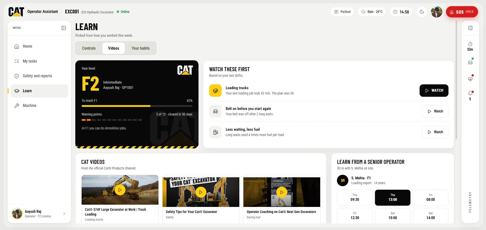 Learn videos: the operator's license progress and the videos to watch first, picked from their own shifts.