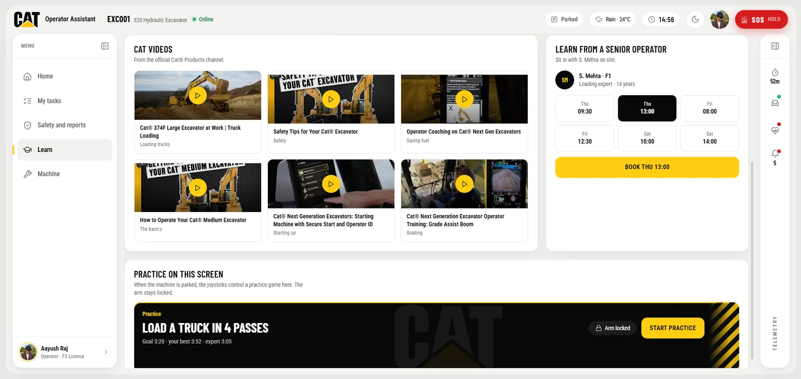 Learn videos, continued: the CAT video library, a senior operator to learn from and a practice exercise.