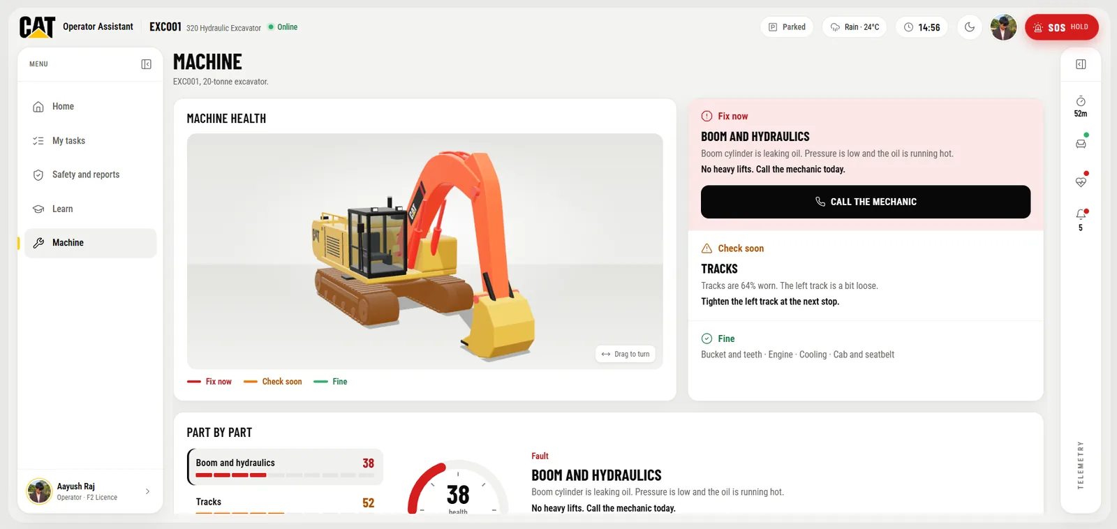 Machine health: the 3D excavator colored by condition, with fix now, check soon and fine groups and a call-the-mechanic button.