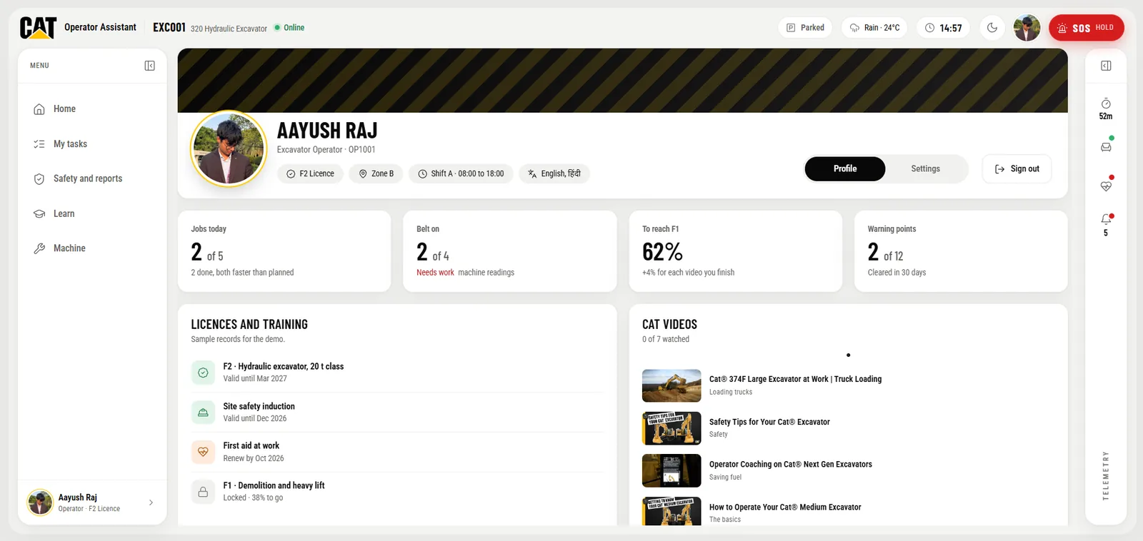 Profile: the operator's jobs, belt-on record, license progress, warning points, licenses and training.