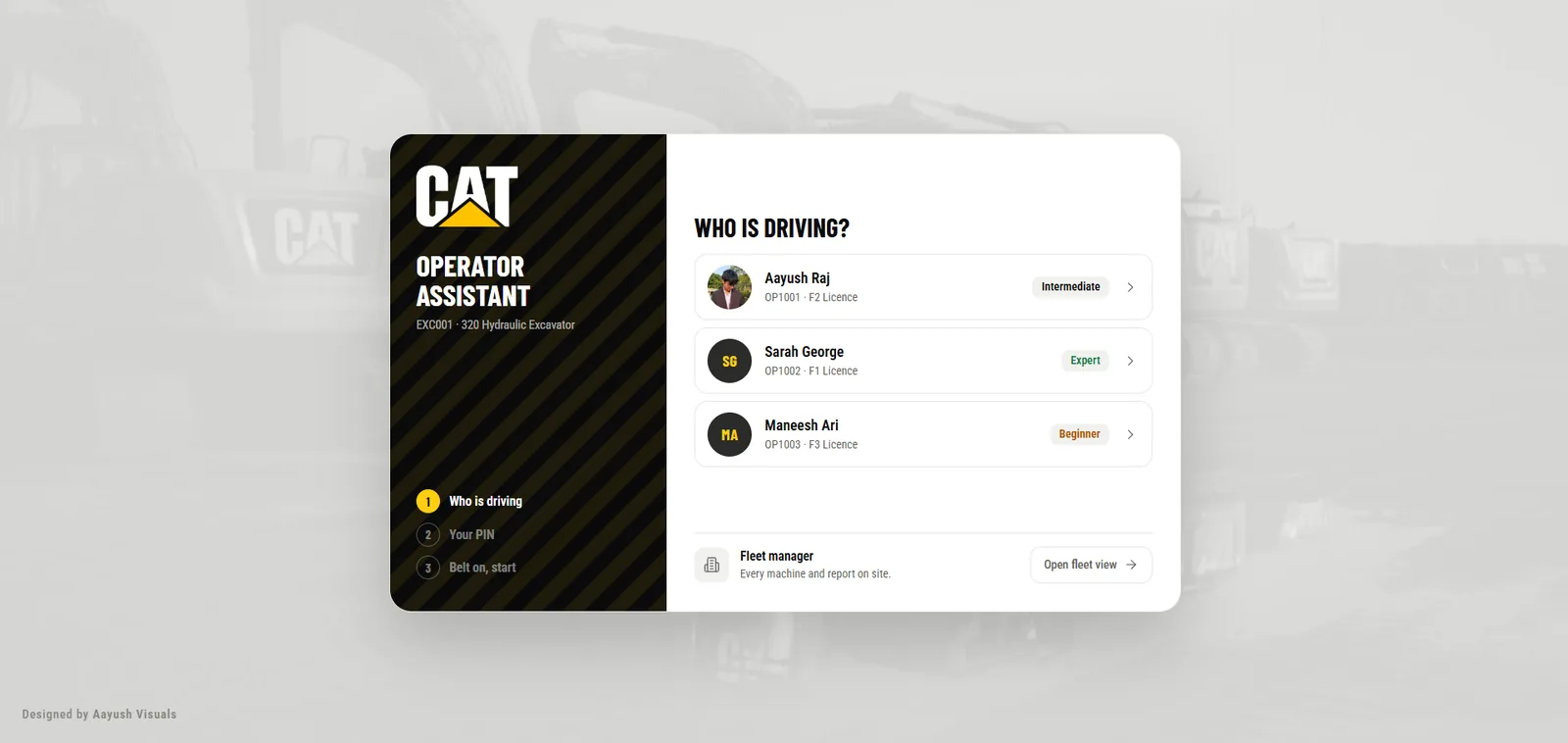 Start of shift, step one: choose who is driving from three operator cards, with a separate entry for the fleet manager.