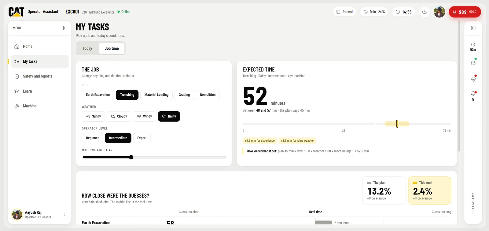 The job time tab: job type, weather, operator level and machine age in, an expected time range out.