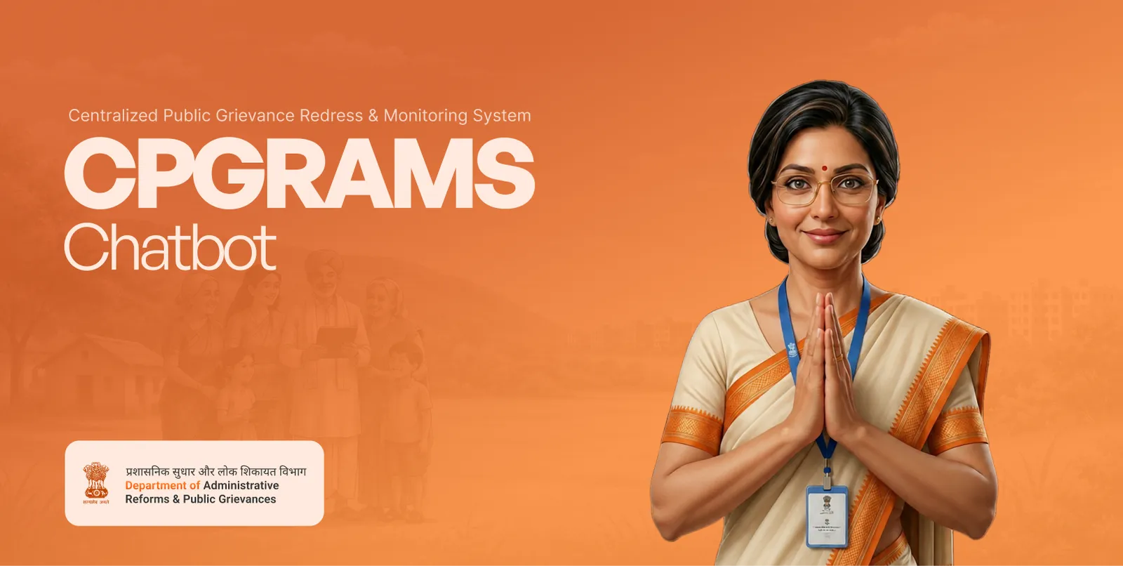 The CPGRAMS chatbot opening screen with a welcome message and the option to register a grievance by speaking or typing.