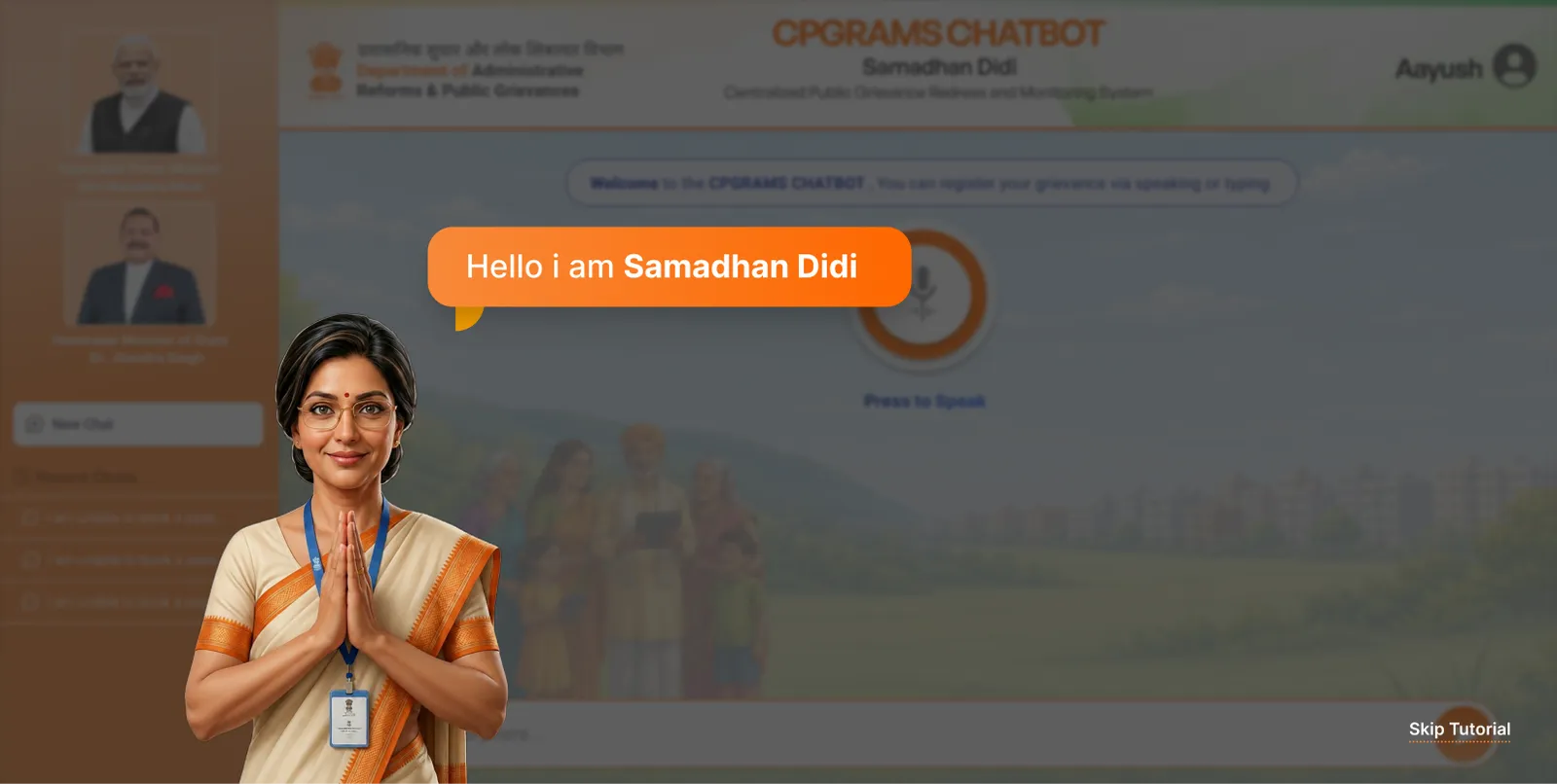 Samadhan Didi introduced at full height beside the CPGRAMS chatbot interface.