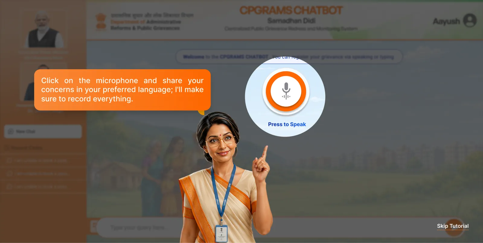 The CPGRAMS chatbot tutorial spotlighting the microphone with Samadhan Didi explaining to press it and share concerns in a preferred language.