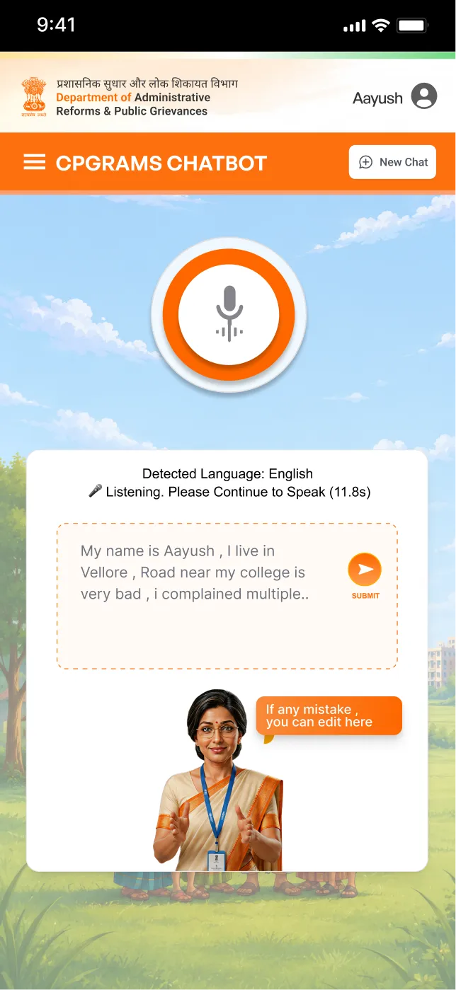 CPGRAMS phone screen showing transcribed speech.
