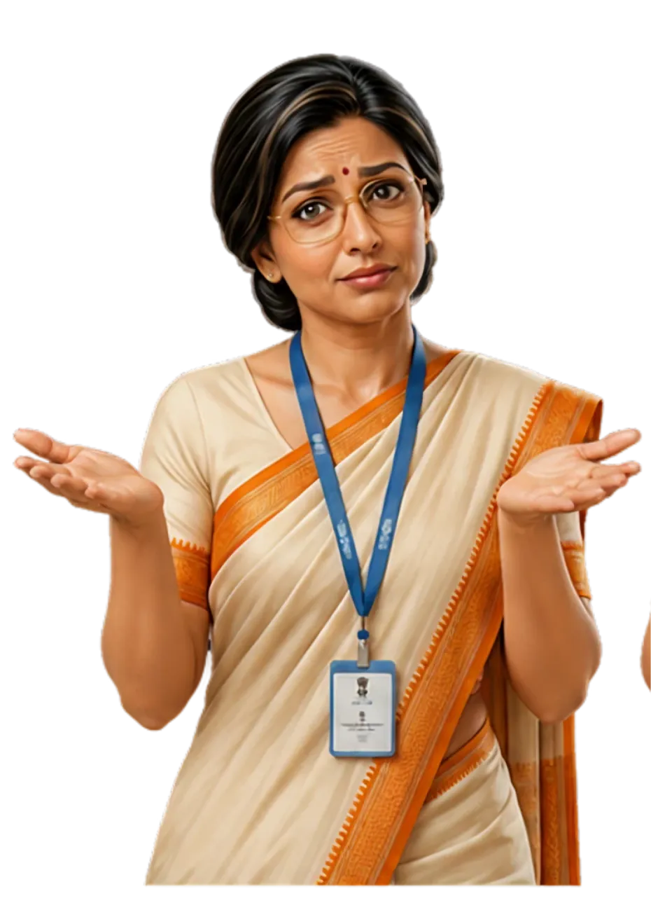 Samadhan Didi, an illustrated Indian government worker in a cream and orange saree with a departmental ID lanyard, smiling and gesturing.