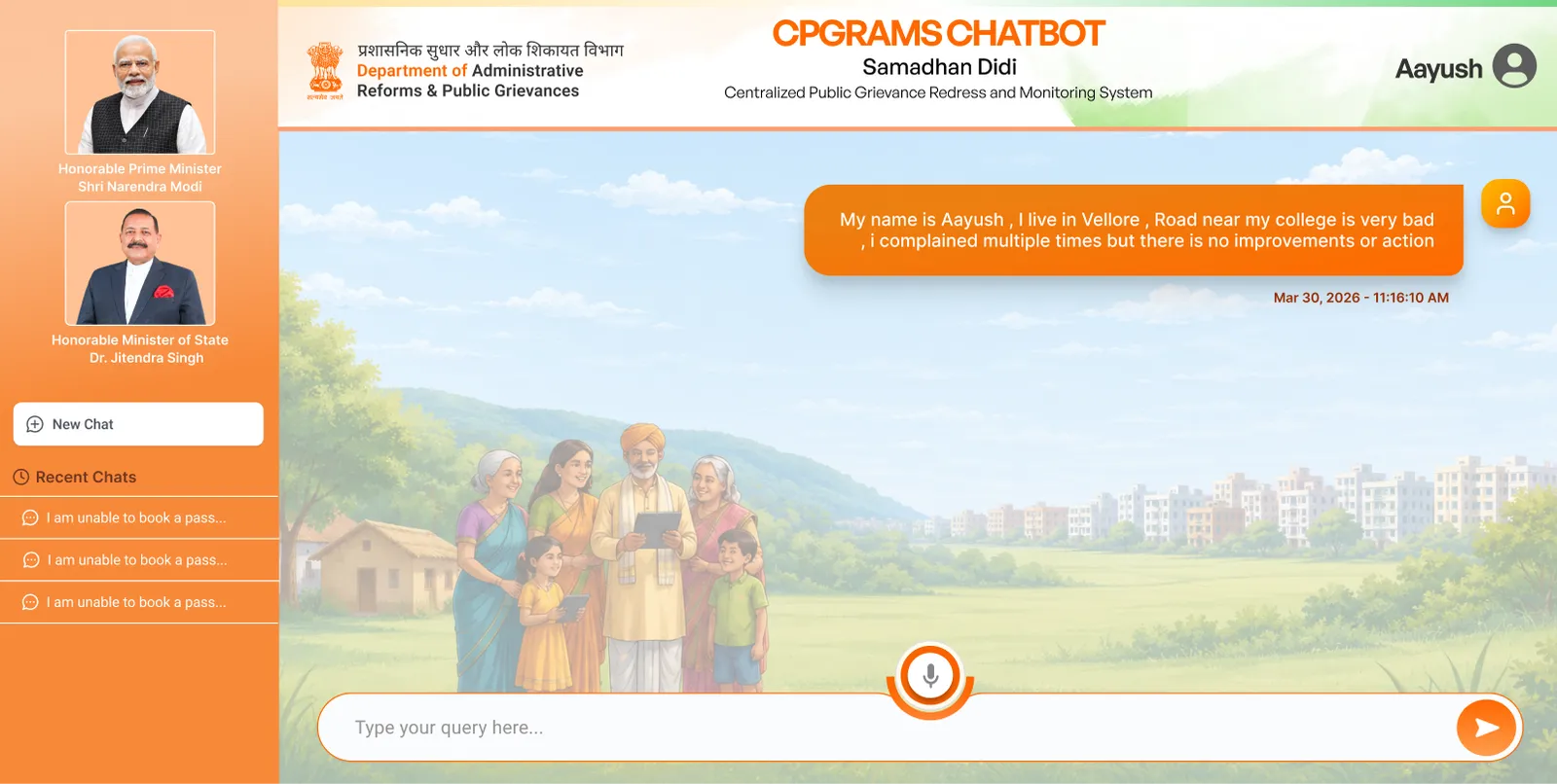 The CPGRAMS chatbot restating the citizen's grievance back to them.