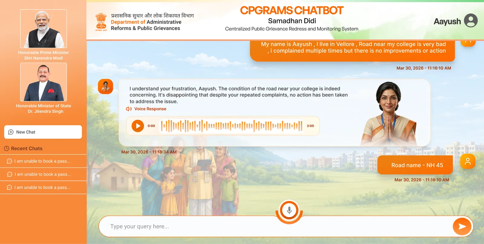 The CPGRAMS chat with recent conversations listed in the left sidebar.