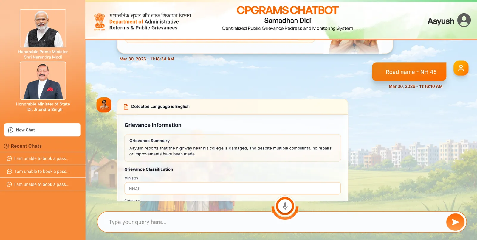 The CPGRAMS chatbot resolving the ministry and category for a typed grievance.