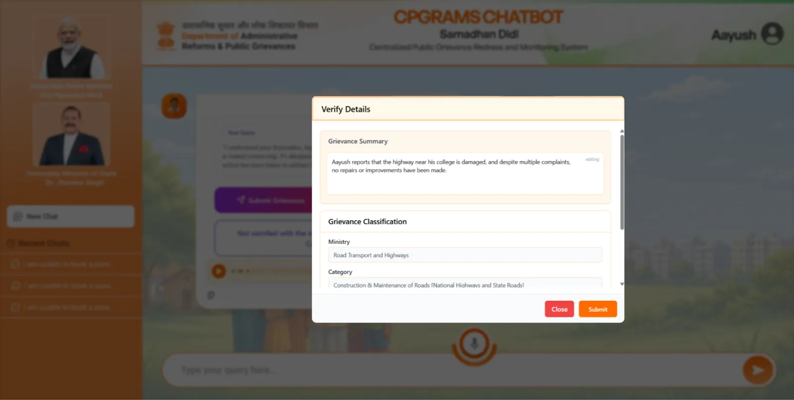 The CPGRAMS review card in the typed flow showing the interpreted grievance before submission.