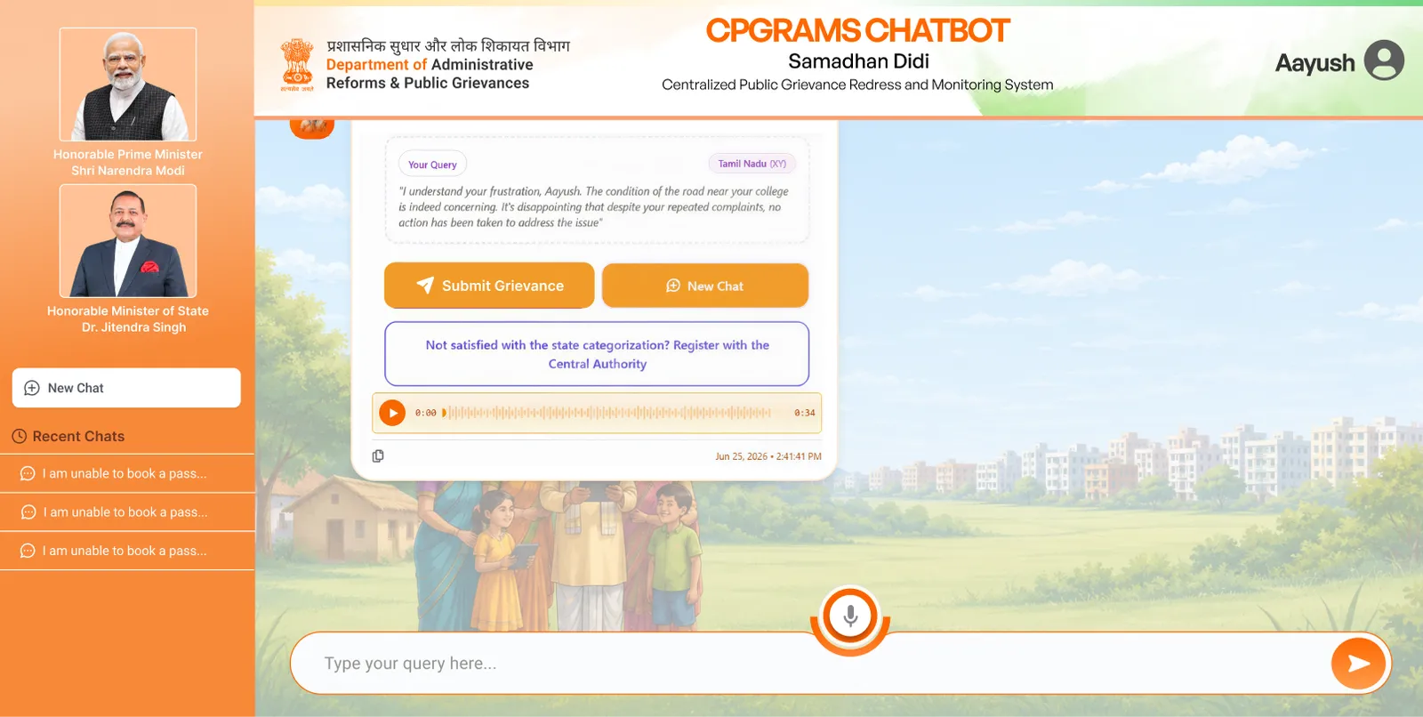 The CPGRAMS review card with submit grievance, new chat and a central authority escalation link.