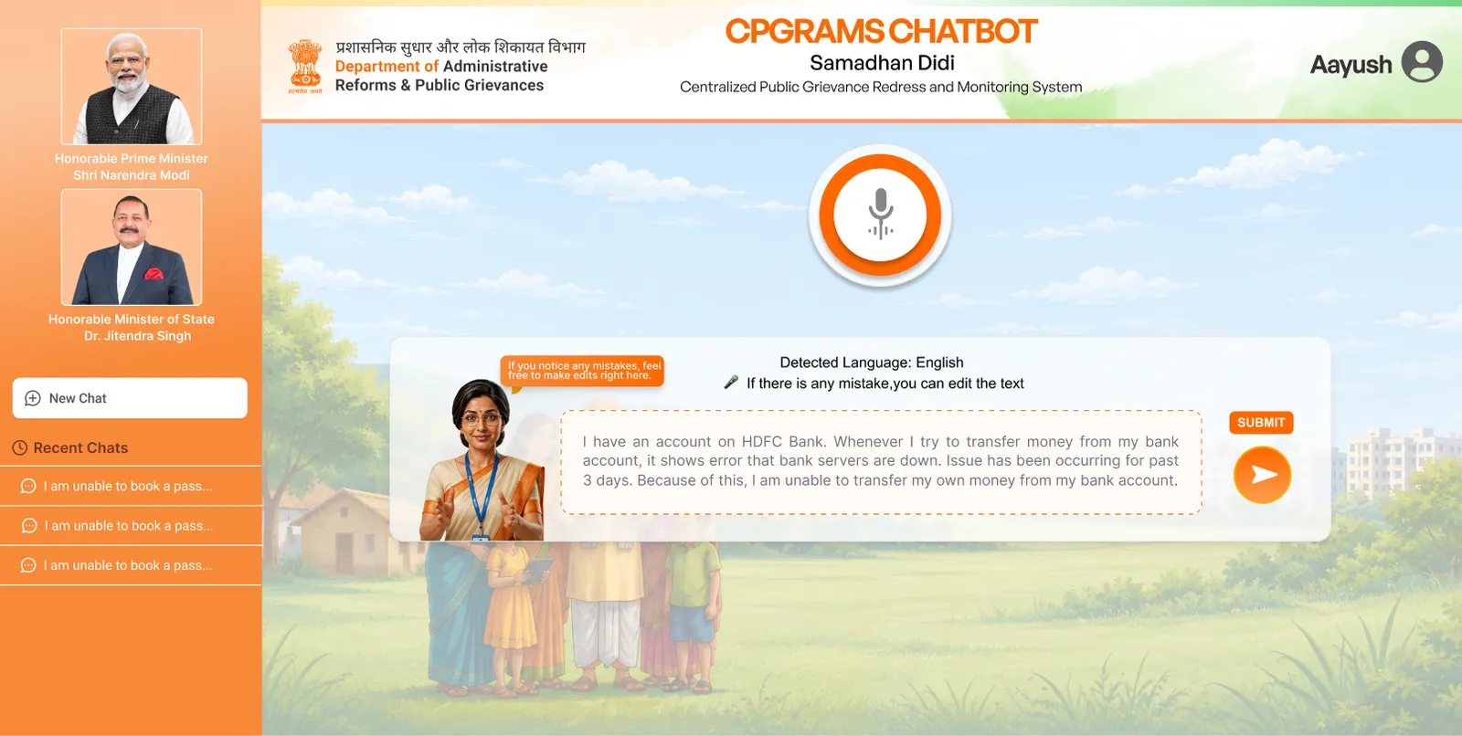 The CPGRAMS voice flow with a detected regional language reflected in the interface.