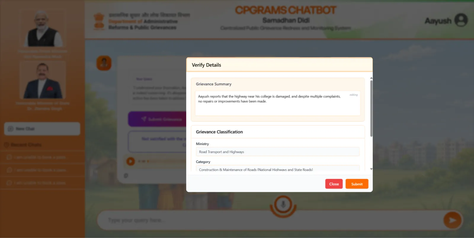 The CPGRAMS chatbot confirming a submitted grievance with a registration identifier.