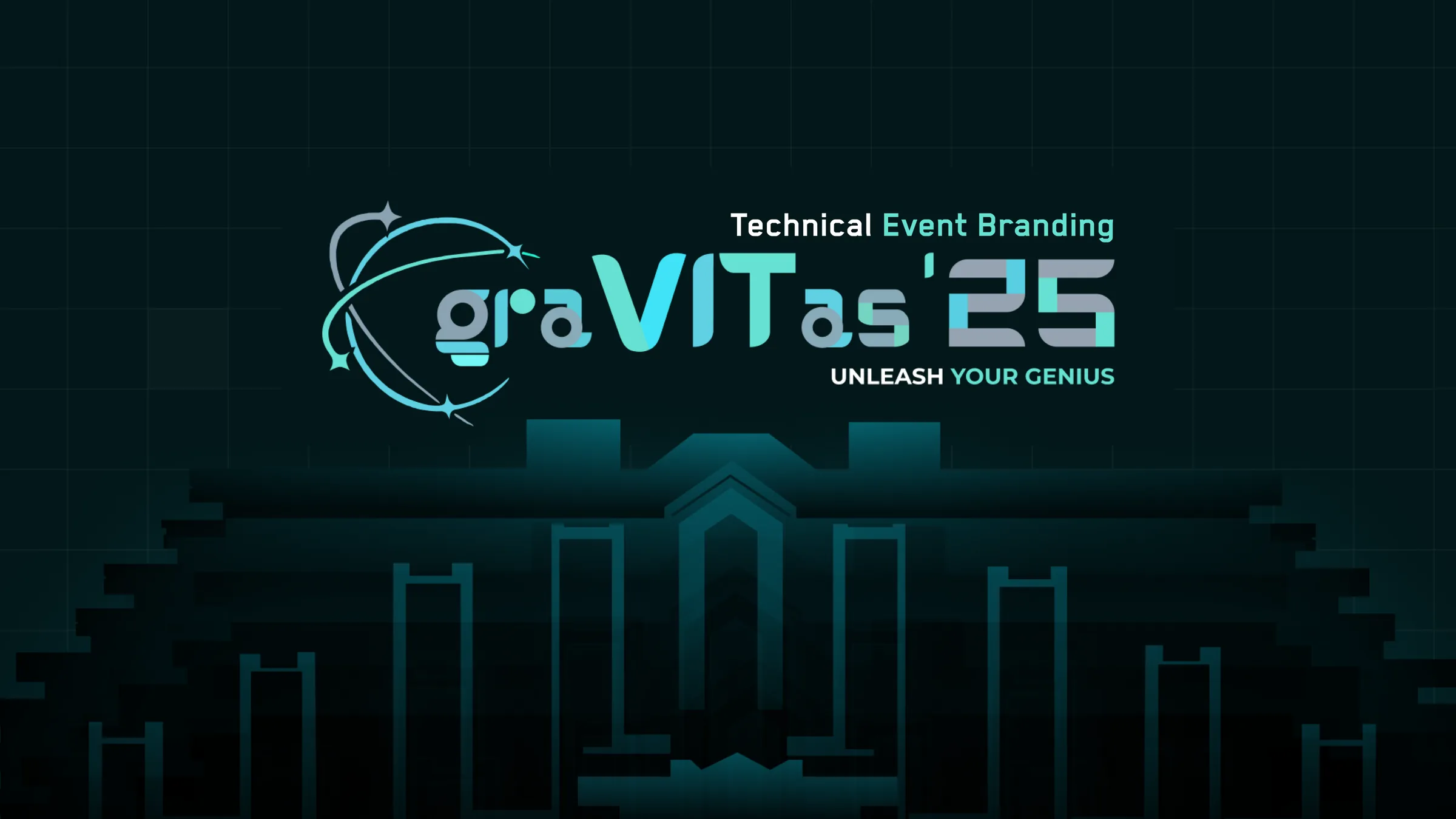 The graVITas '25 showcase board: the cover lockup, an introduction to the fest, the logo from first exploration through iterations to the final mark, two spreads of the event website, merchandise, two sets of ID cards from Chief Patron down to Volunteer, brochures, flyers, hoardings, the entrance gate from sketch to built structure, flyer design, certificates, the branding system, and the closing mark.