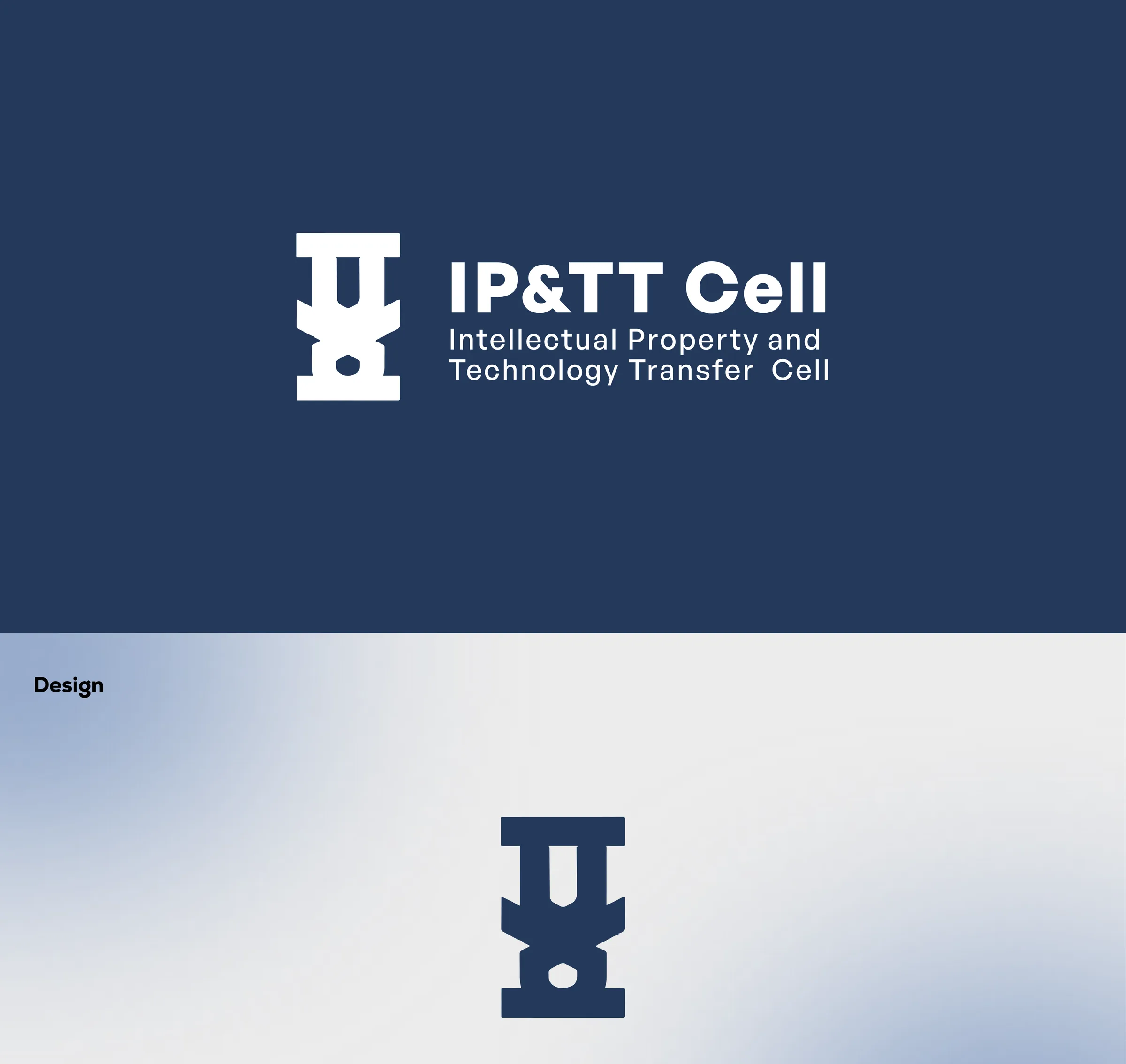 The IP&TT Cell identity board: the navy title lockup, the mark on its own, the research behind the Cell and the logo concept, the Ashoka pillar and the I-P-TT letters it came from, the construction grid in light and dark, the design process, the concept marks in outline and two-tone, the mark on black, grey, mid blue and navy, business card and website mockups, and the final lockups.