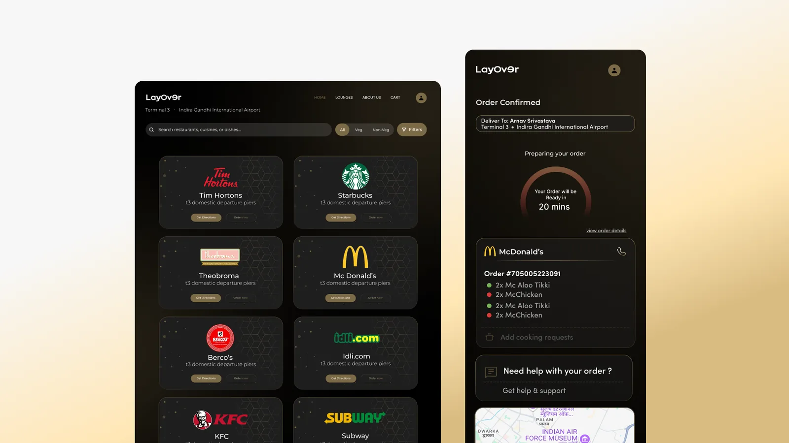 Layover’s restaurant directory on desktop showing Tim Hortons, Starbucks, Theobroma, McDonald’s, Berco’s, Idli.com, KFC and Subway, each labelled “t3 domestic departure piers”, beside a mobile order-confirmed screen with a twenty-minute prep timer, itemised order and a map.