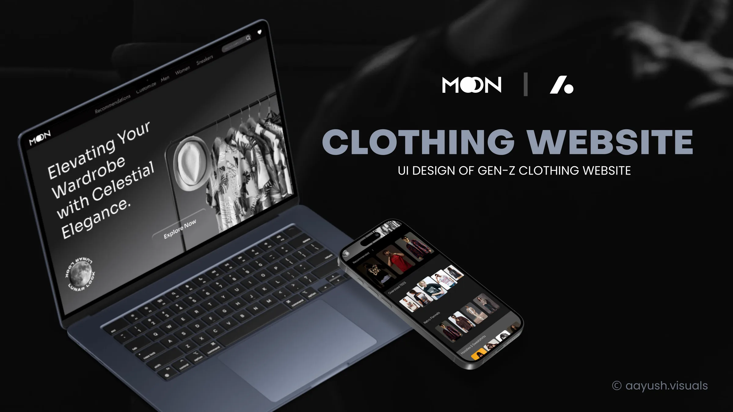 The Moon Store case-study board: the cover on a laptop and phone, the about and features copy with a research-ideate-design timeline, the Sora and Krona One type specimens beside a white, black and grey palette, the homepage interface, the product page with the oversized tees and retro flannel rails, the hoodies rail and mobile view beside the LunarLook configurator and the Customise screen, the six onboarding and shopping screens, two product previews, the women, men, sneakers and oversized tees category pages, a desktop mockup, a bento of every screen, and the closing frame.