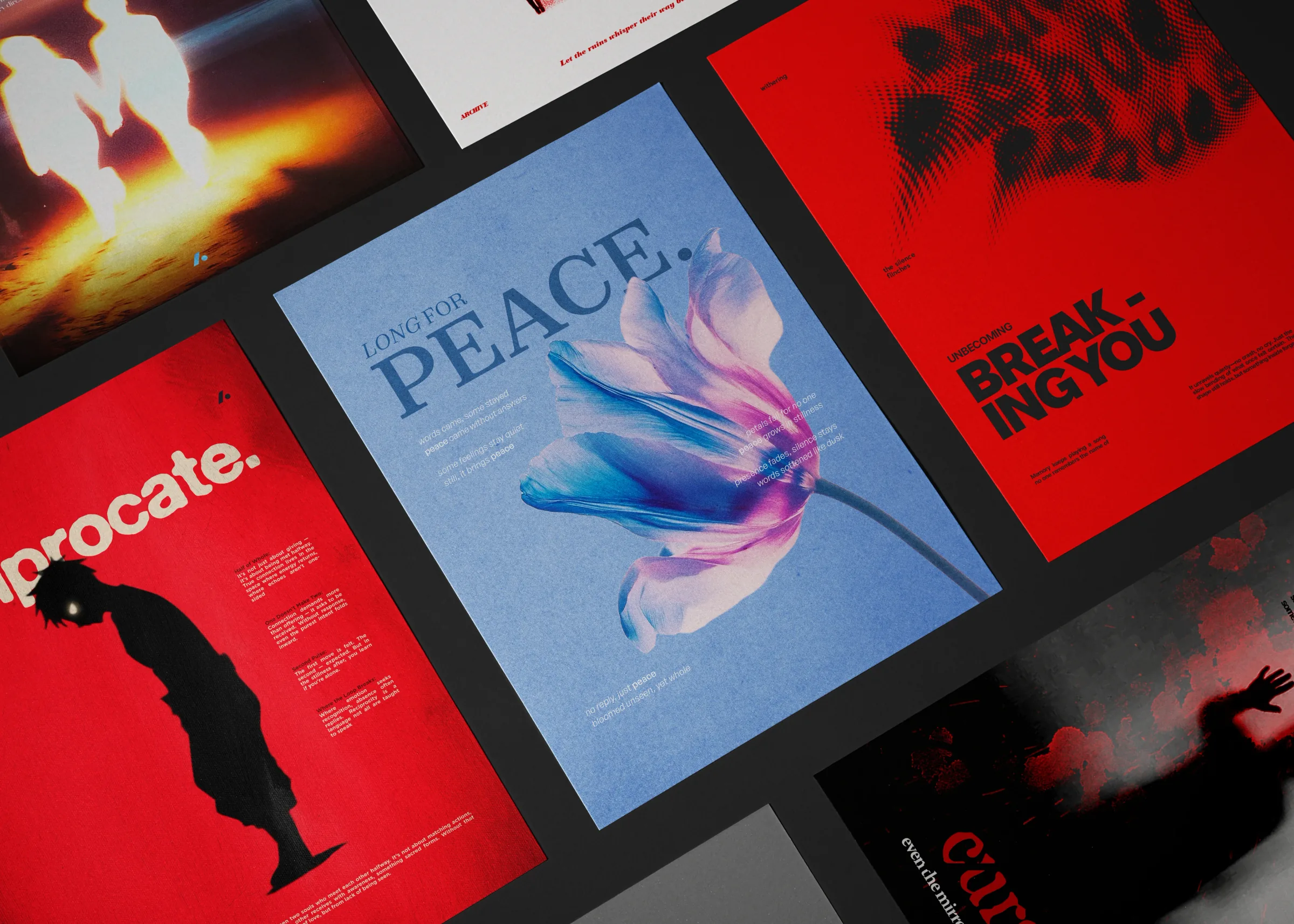 The whole volume laid out together: Reciprocate, Peace, Breaking You and Cursed overlapping on a dark ground.