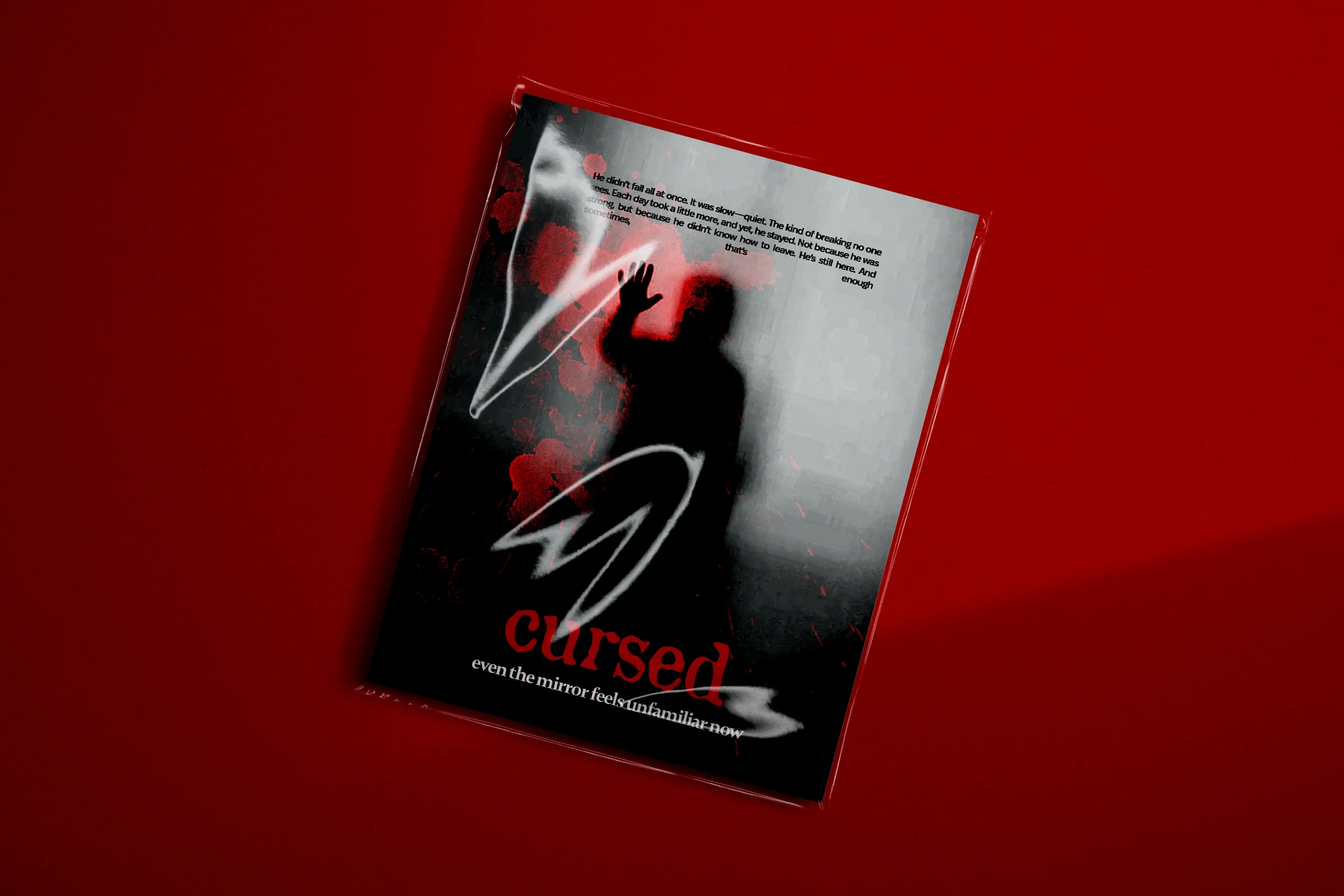 Cursed as a printed piece lit against a deep red ground.