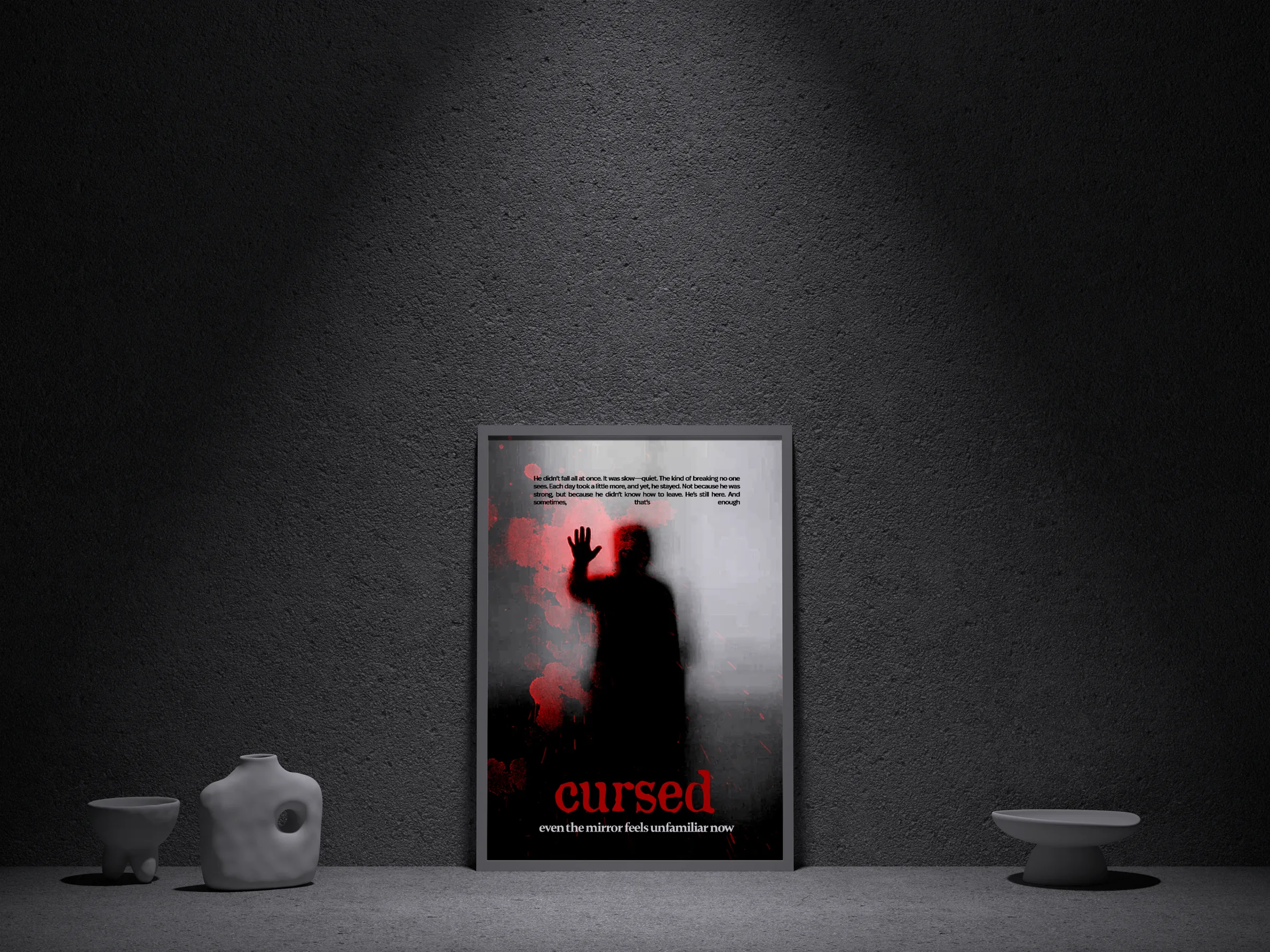 The Cursed poster in a dark room beside two pale vases, a figure reaching through red.