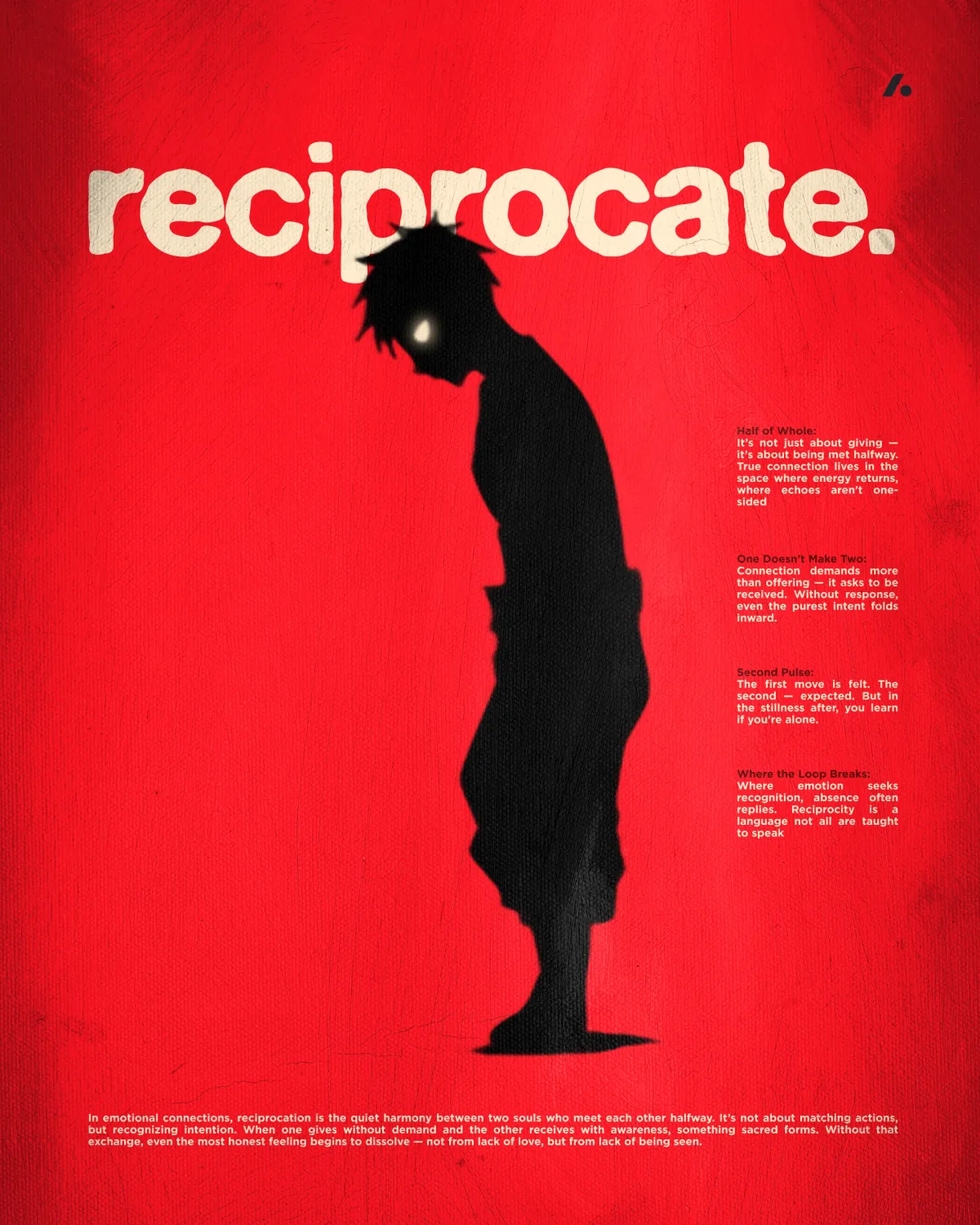 Reciprocate on red, a figure standing with head bowed.