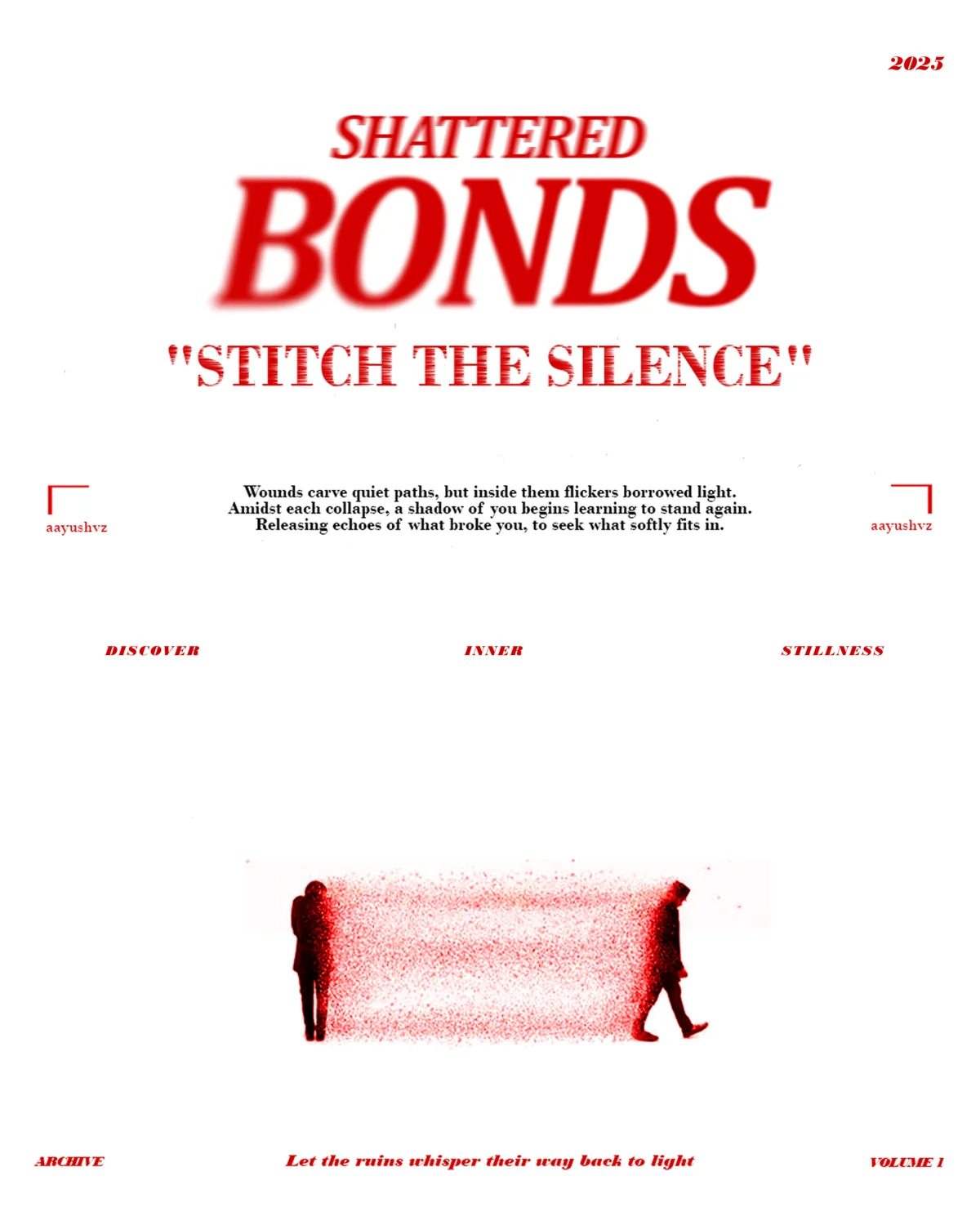 Shattered Bonds, Stitch the Silence, on white with two figures pulling a thread between them.