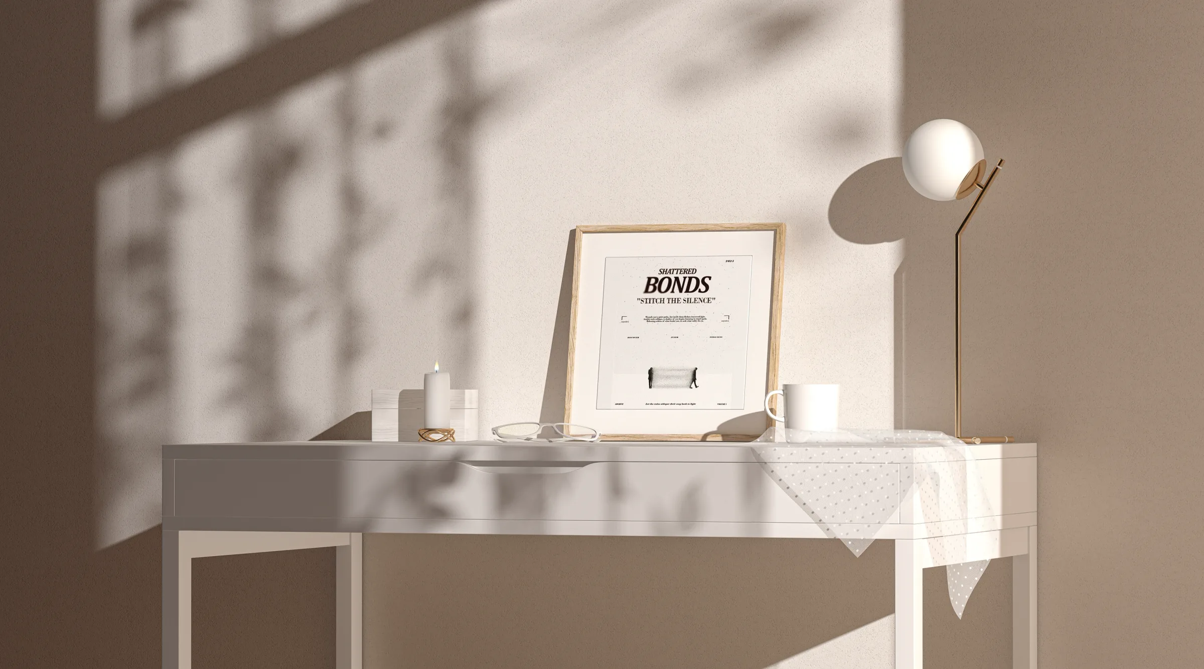 Shattered Bonds framed and standing on a pale desk beside a lamp.