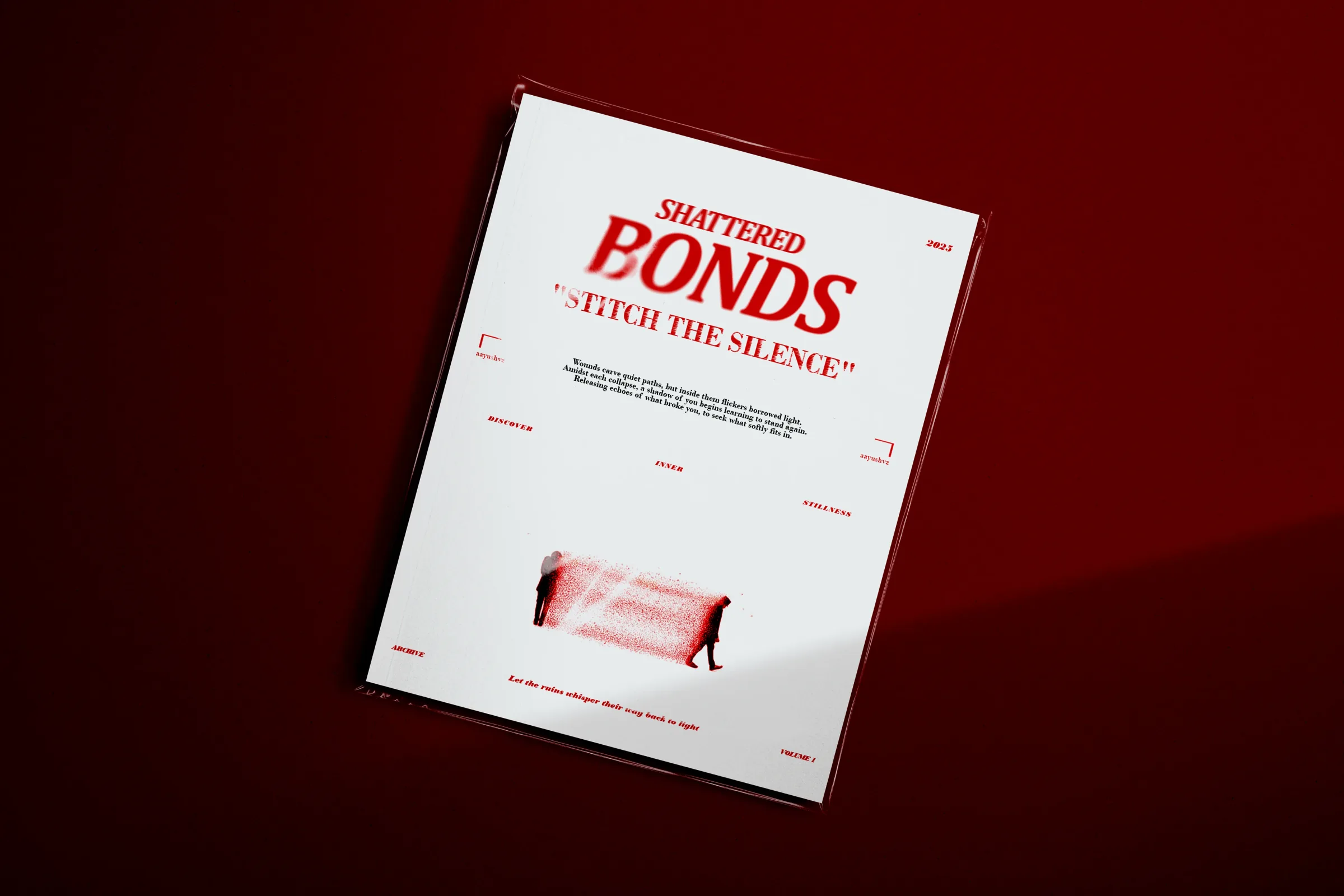 Shattered Bonds as a booklet on red, headline reading Stitch the Silence.