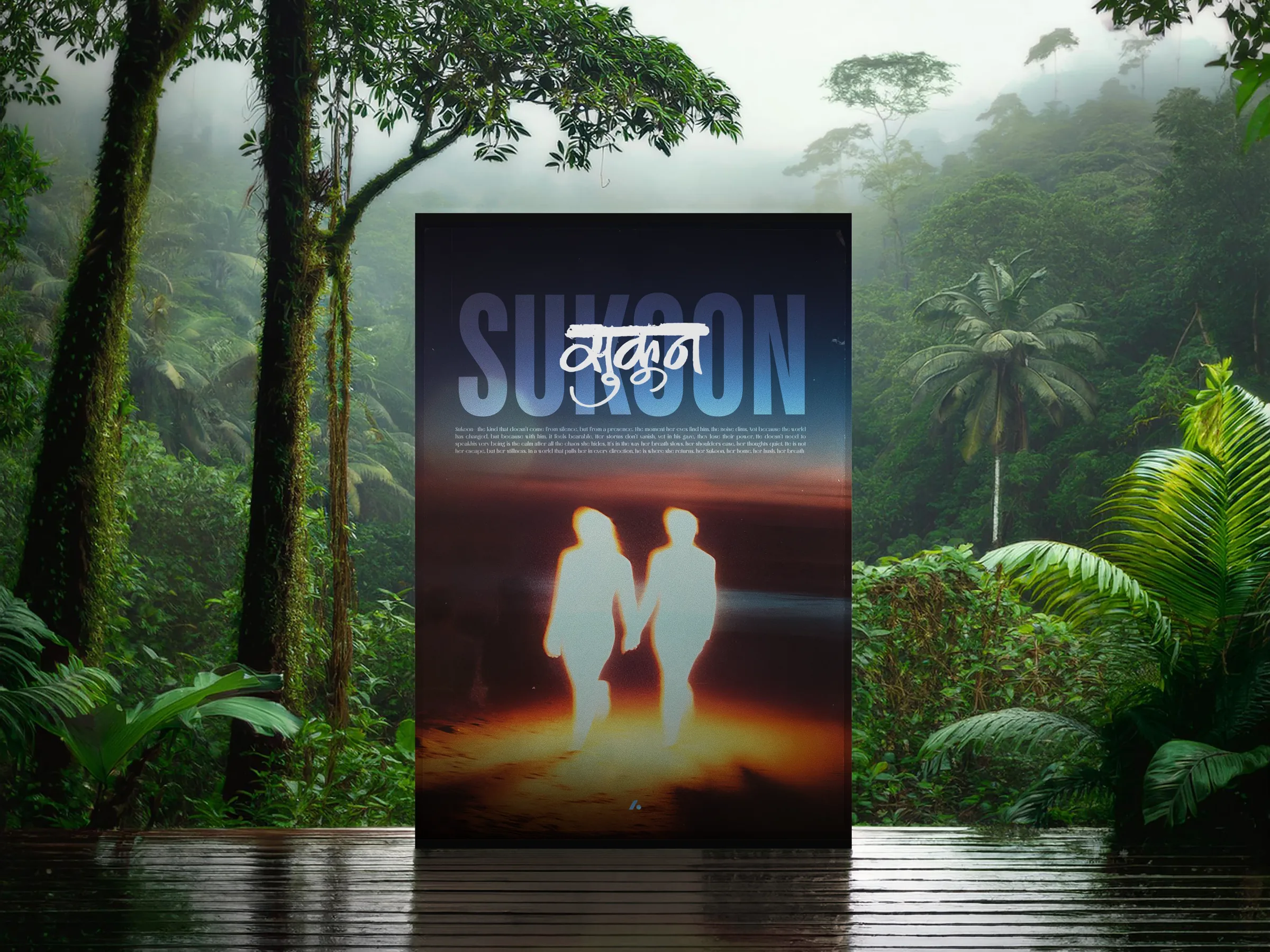 The Sukoon poster standing in wet jungle, two figures silhouetted against a glowing horizon.